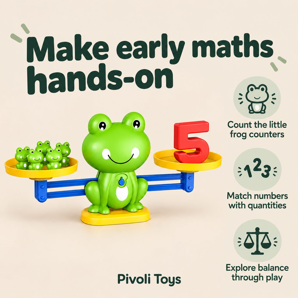 Frog Balance Maths Game benefits: Count the little frog counters; Match numbers with quantities; Explore balance through play