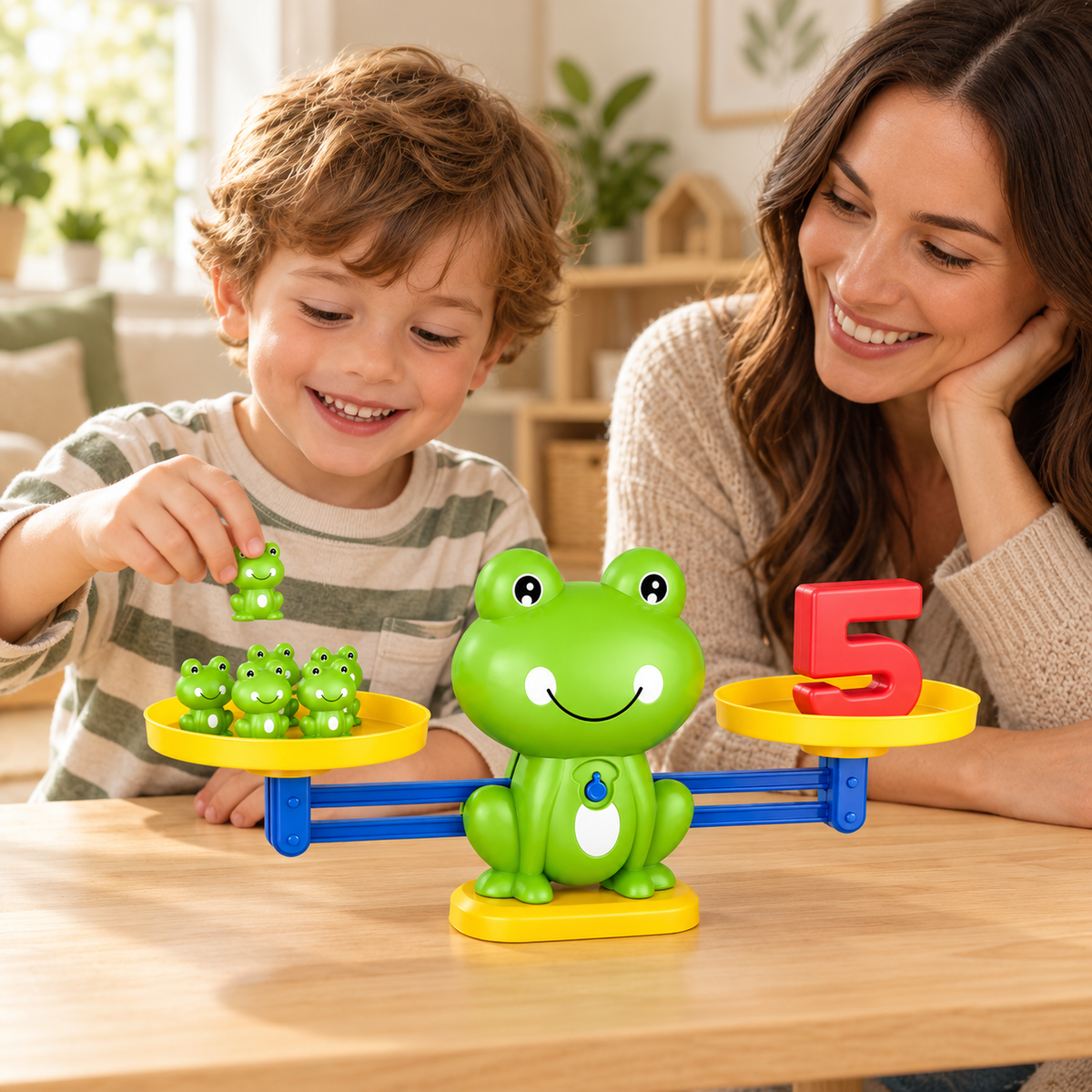 Child using the frog balance maths game in a home play setting