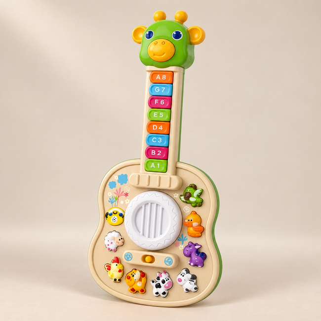 Giraffe Musical Toy Guitar — Pivoli Toys beige studio photograph
