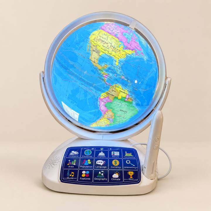 Interactive World Globe with AR Activities — illuminated globe, interactive base and stylus on a beige studio background