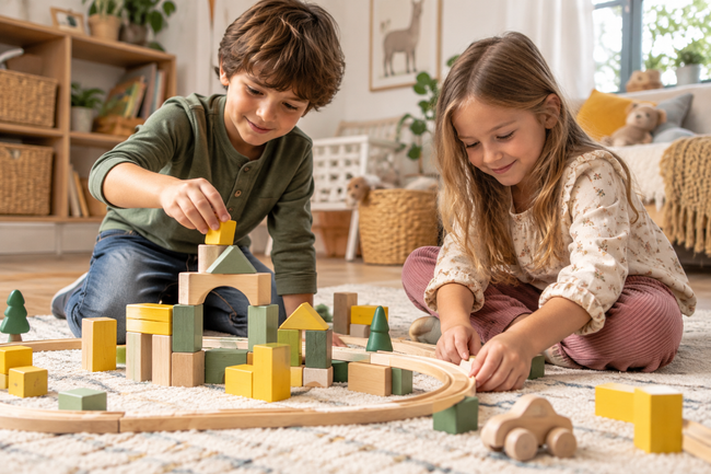 Children building with wooden blocks and tracks