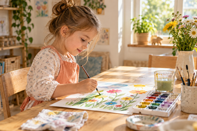 A child painting a garden at an art table