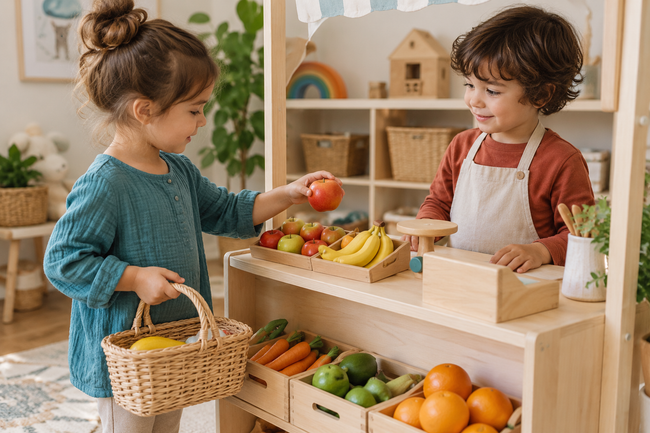 Children playing a pretend grocery shop