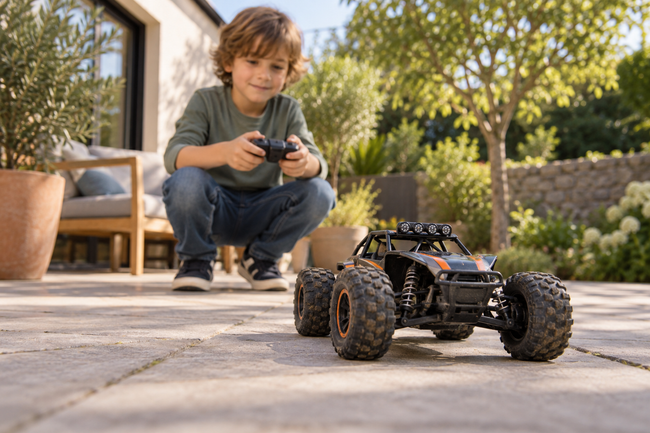 A child playing with a remote control toy car outdoors