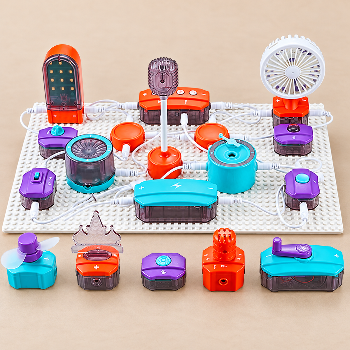 Close view of the electronics circuit board and experiment modules