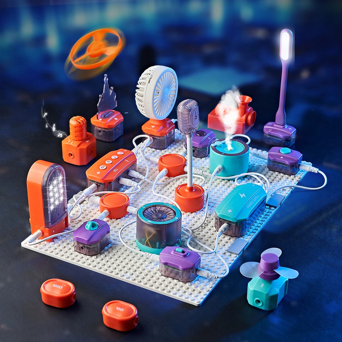 Electronics experiment kit with lights, fan and mist modules