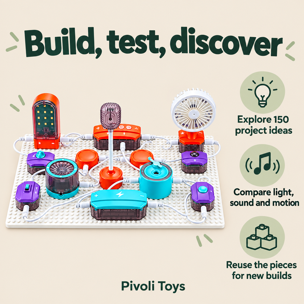 Kids Electronics Circuit Kit - 150 Projects benefits: Explore 150 project ideas; Compare light, sound and motion; Reuse the pieces for new builds