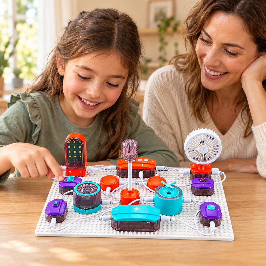 Child using the kids electronics circuit kit - 150 projects in a home play setting