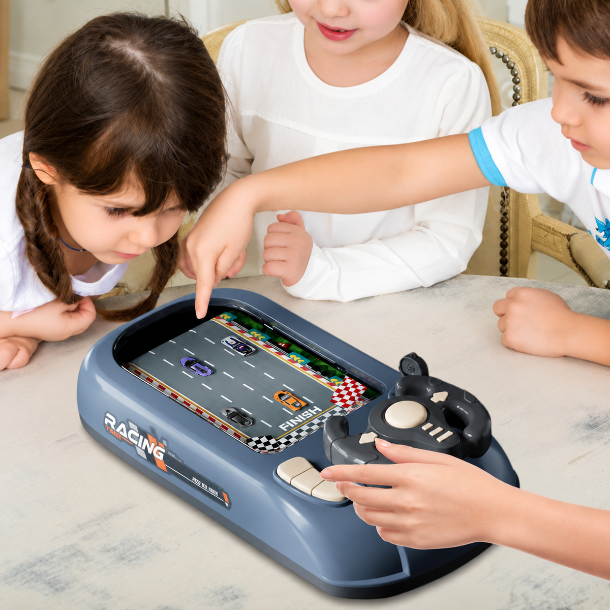 Children exploring the grey Kids Steering Wheel Racing Game with Moving Road at a table