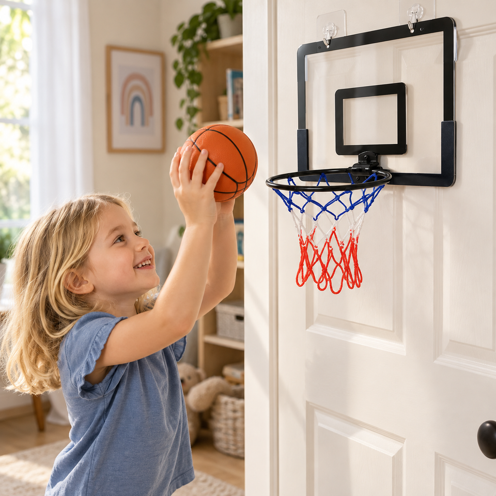 A child using the Mini Hanging Basketball Hoop for Kids during play