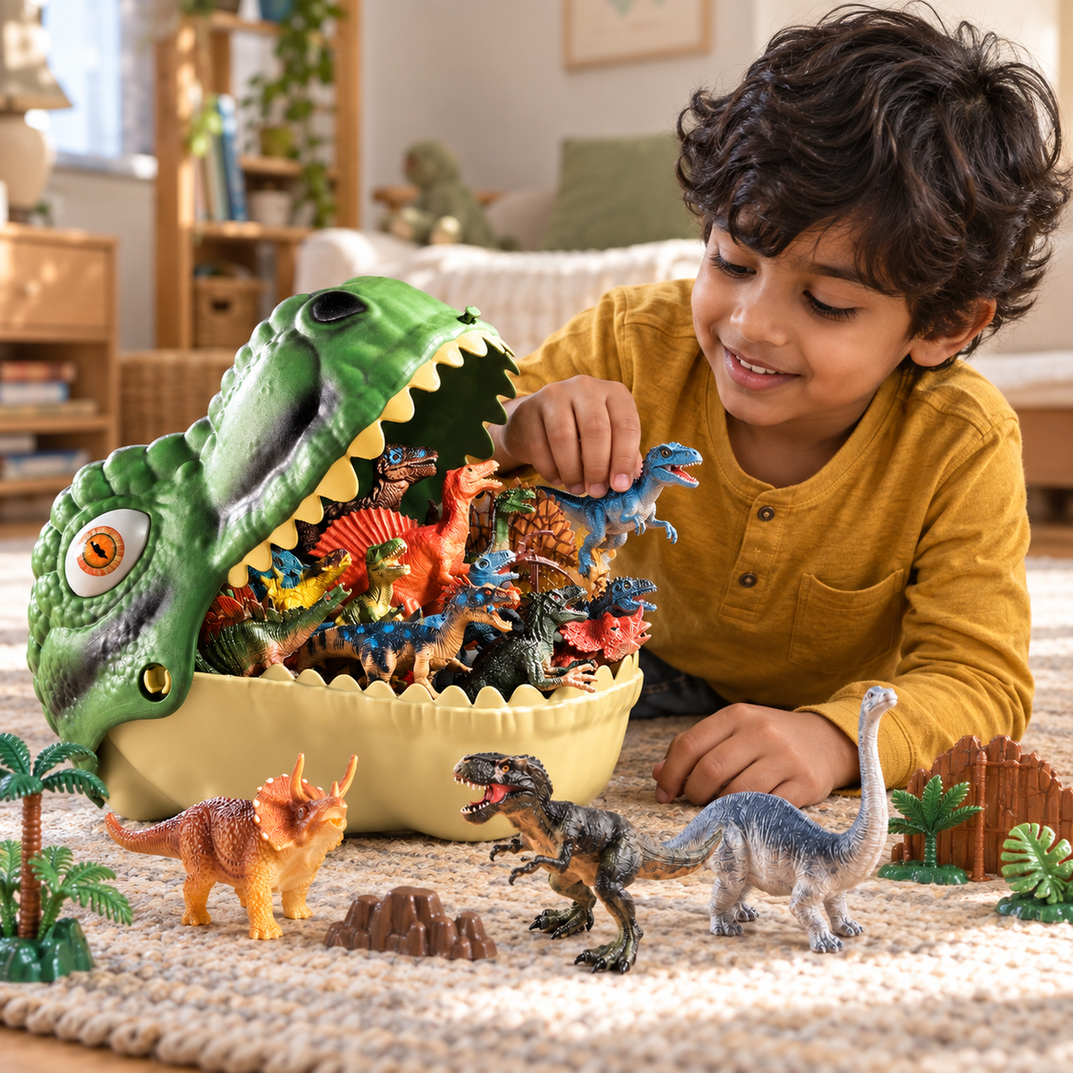 A child using the Dinosaur Play Set with Carry Case, 64 Pieces during play