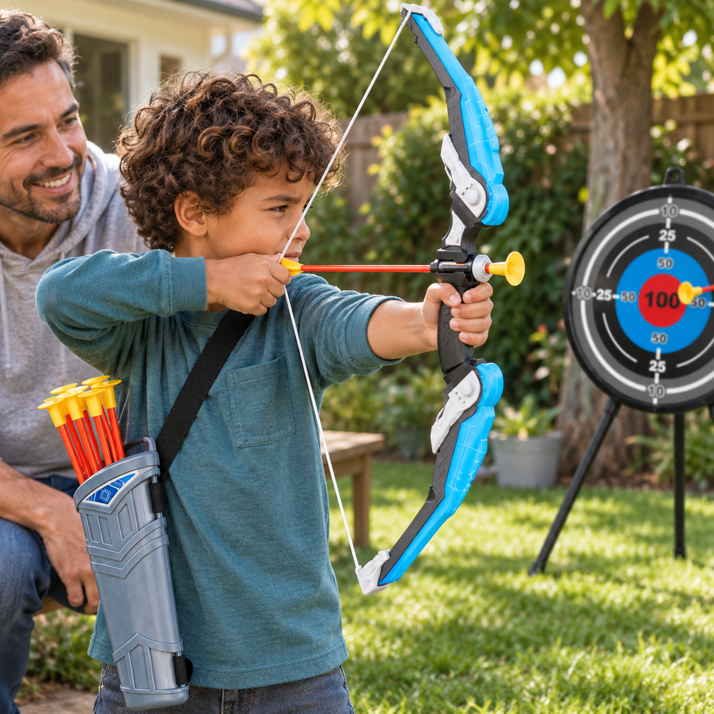 A child using the Kids Archery Set with Suction-Cup Arrows during play