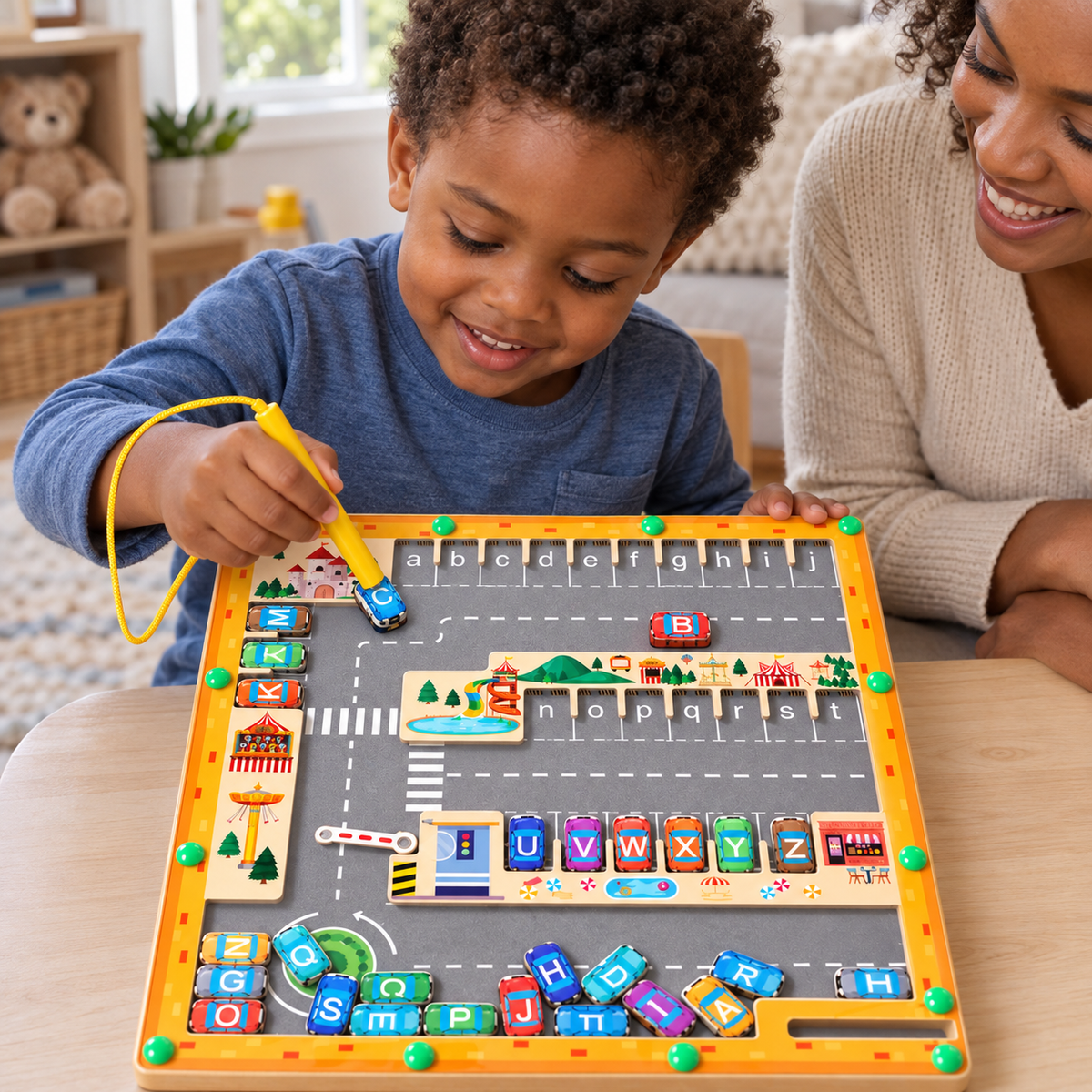 A child using the Magnetic Alphabet Maze with Letter Parking Spaces during play