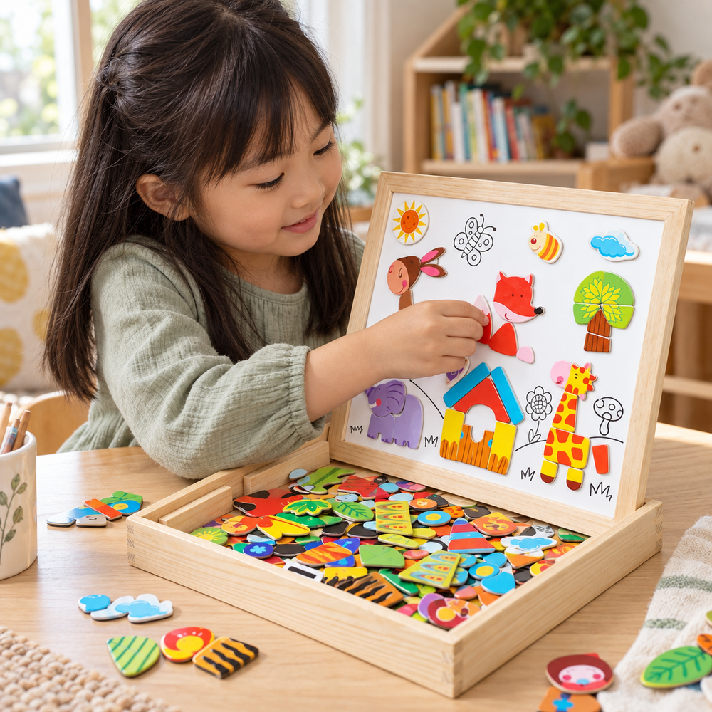 Wooden Magnetic Drawing Board and Animal Puzzle