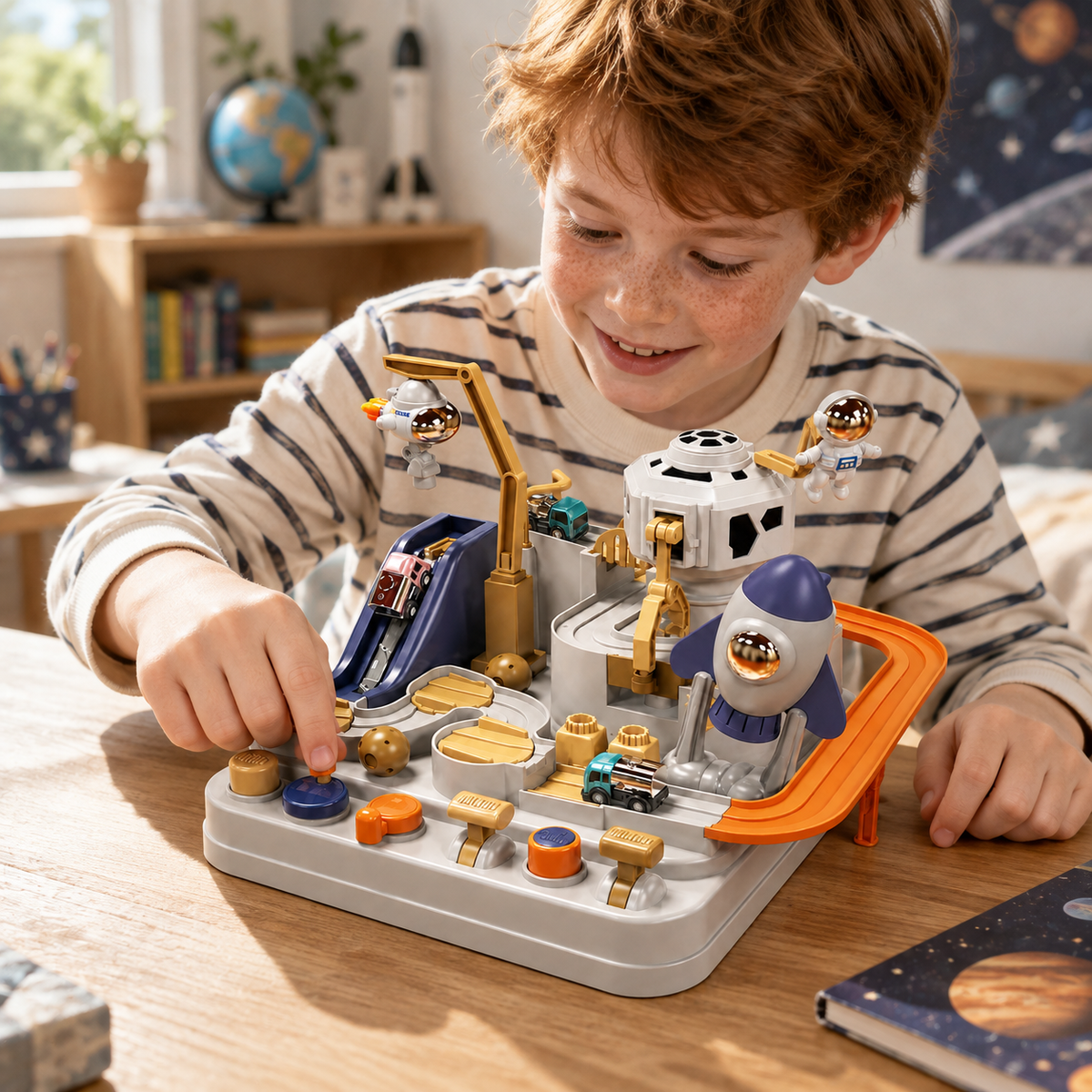 A child using the Space Car Adventure Track with Buttons and Levers during play