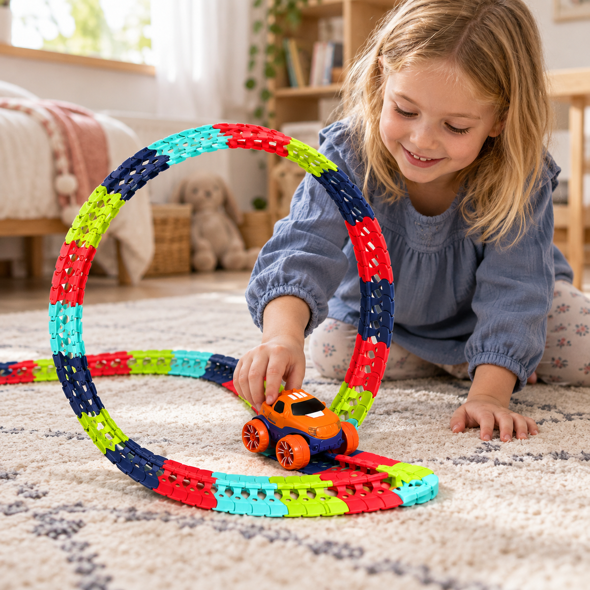 A child using the Flexible Car Racing Track Set, 184 Pieces during play