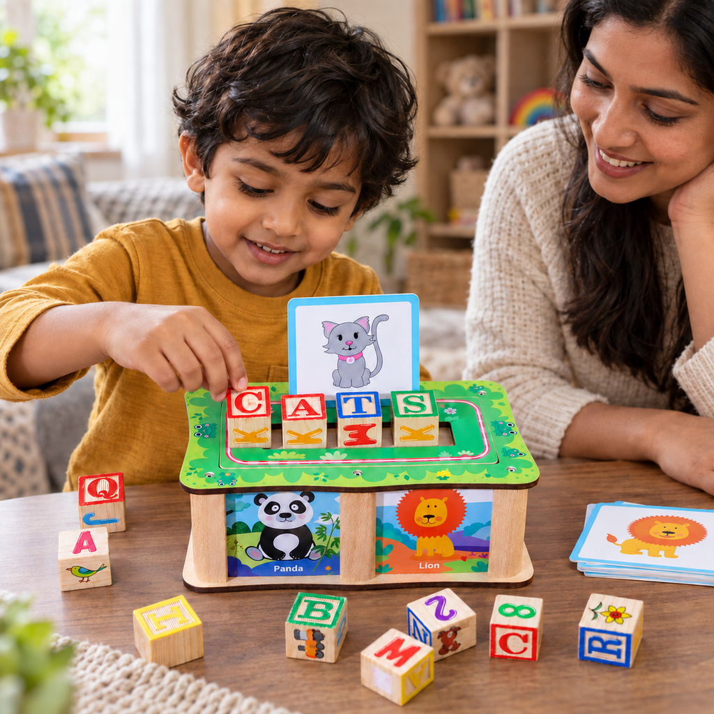 A child using the Wooden Spelling Game with Picture Cards and Letters during play