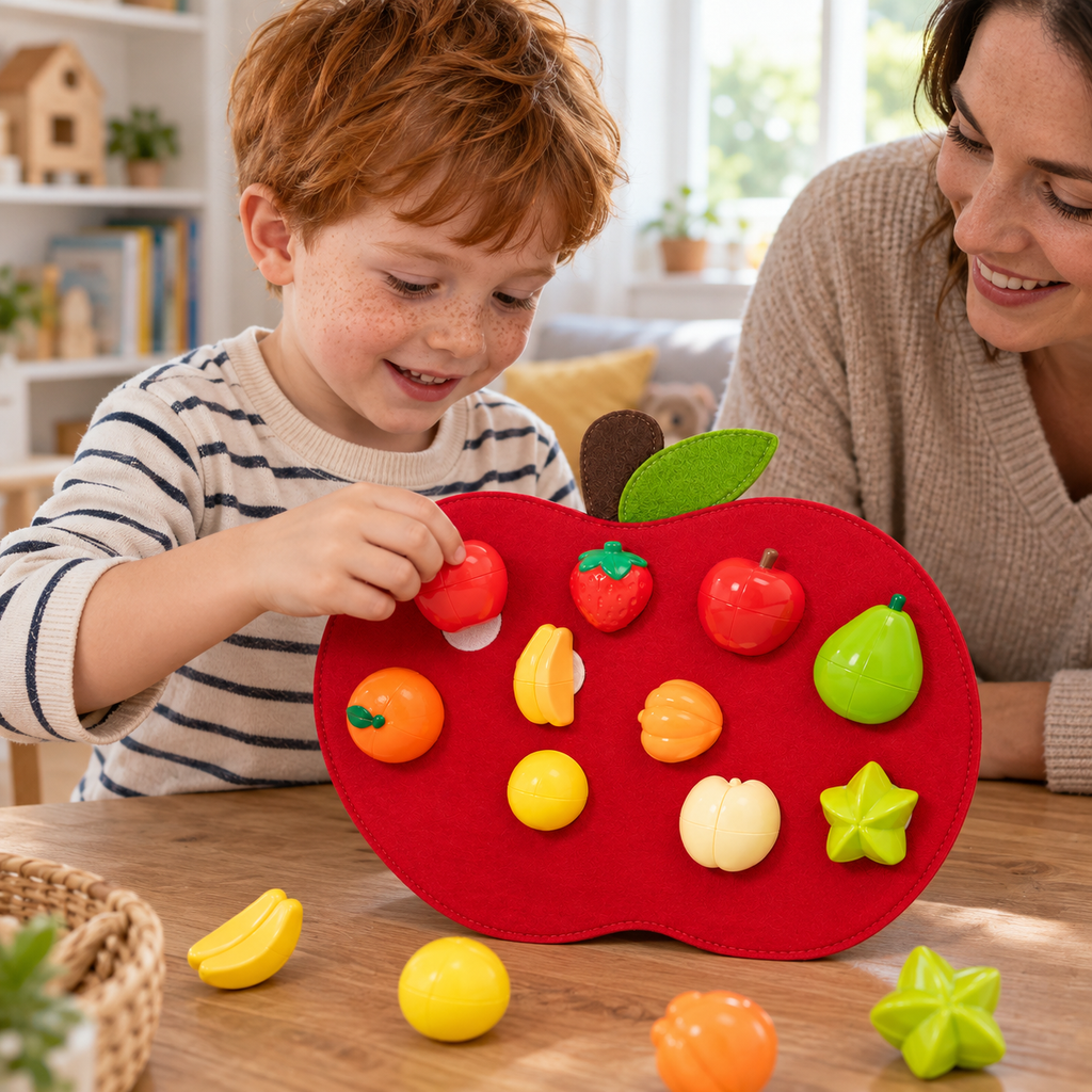 A child using the Fruit-Picking Felt Activity Board, 21 Pieces during play