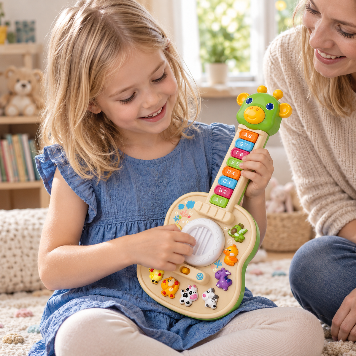 A child using the Kids Musical Toy Guitar, Giraffe Design during play