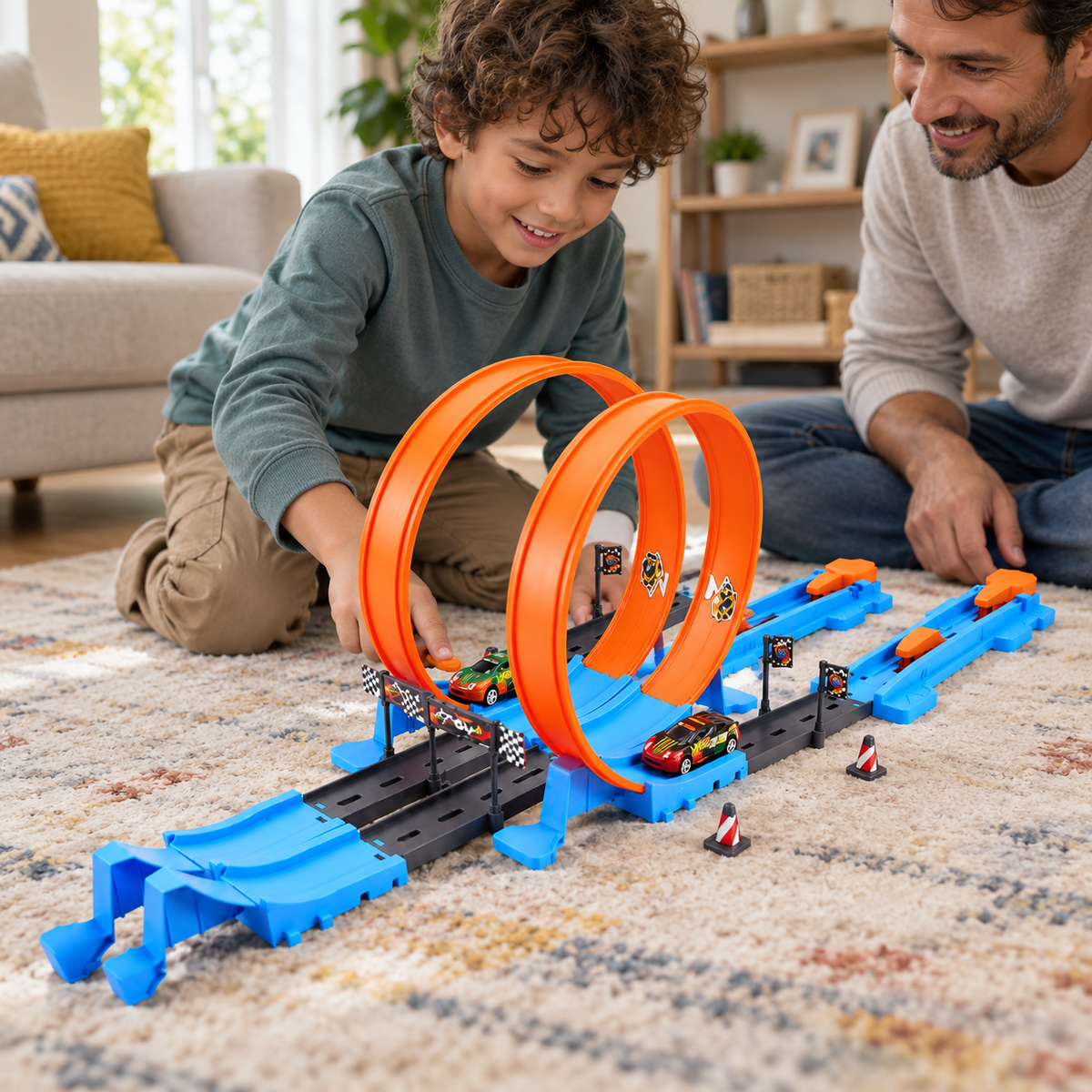 A child using the Double-Loop Car Racing Track Set, 40 Pieces during play