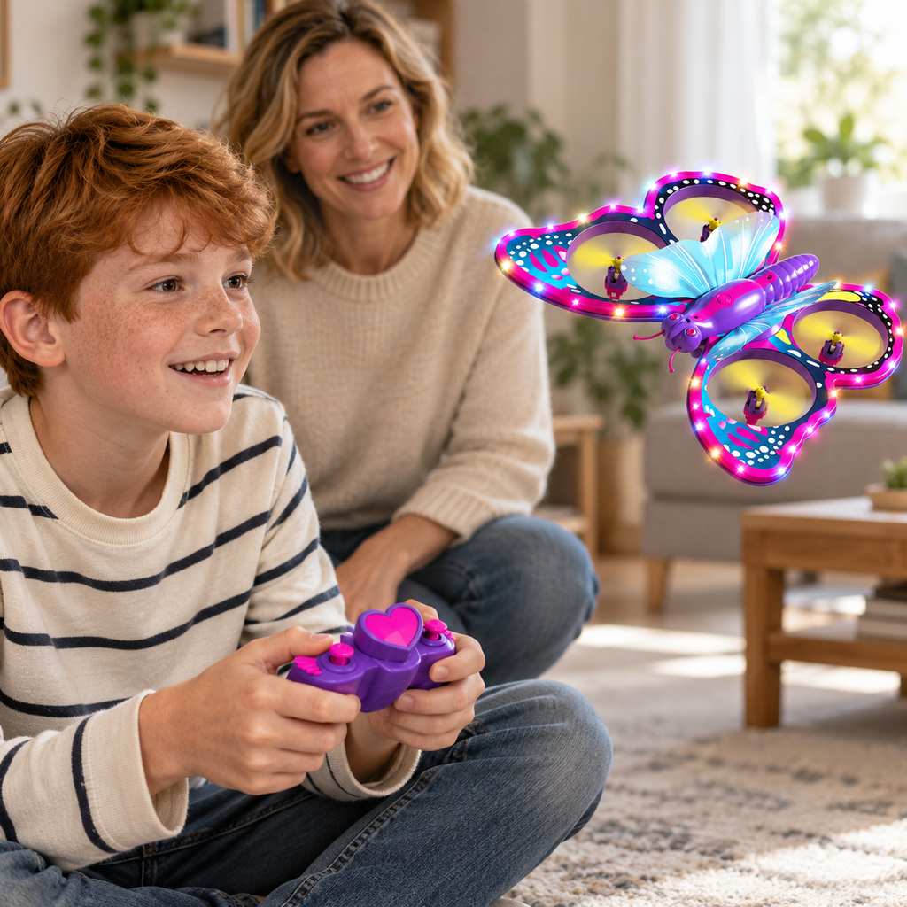 A child using the Light-Up Butterfly Mini Drone during play