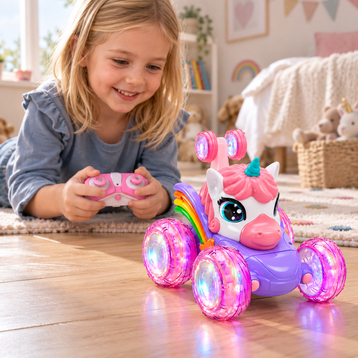 A child using the Light-Up Unicorn Remote Control Car during play