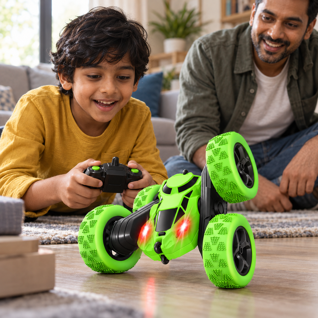 A child using the Double-Sided Remote Control Stunt Car during play