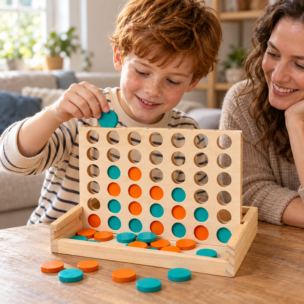 A child using the Wooden Four-in-a-Row Board Game during play