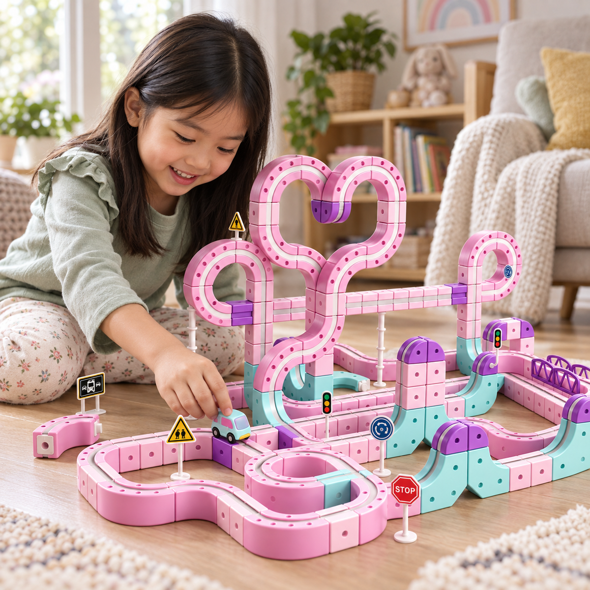 A child using the Pastel Magnetic Car Track Building Set during play