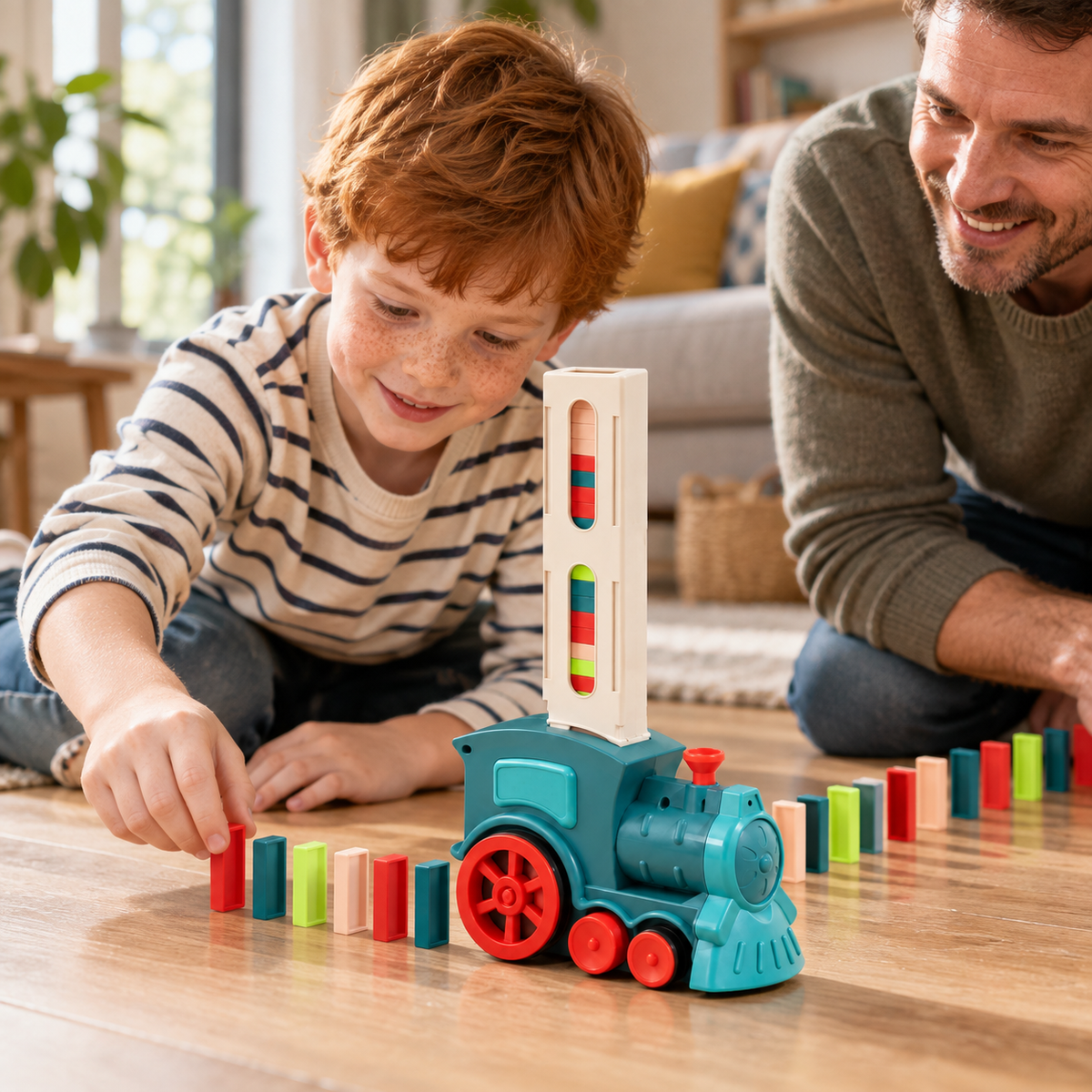 A child using the Domino Train Toy with Automatic Domino Laying during play