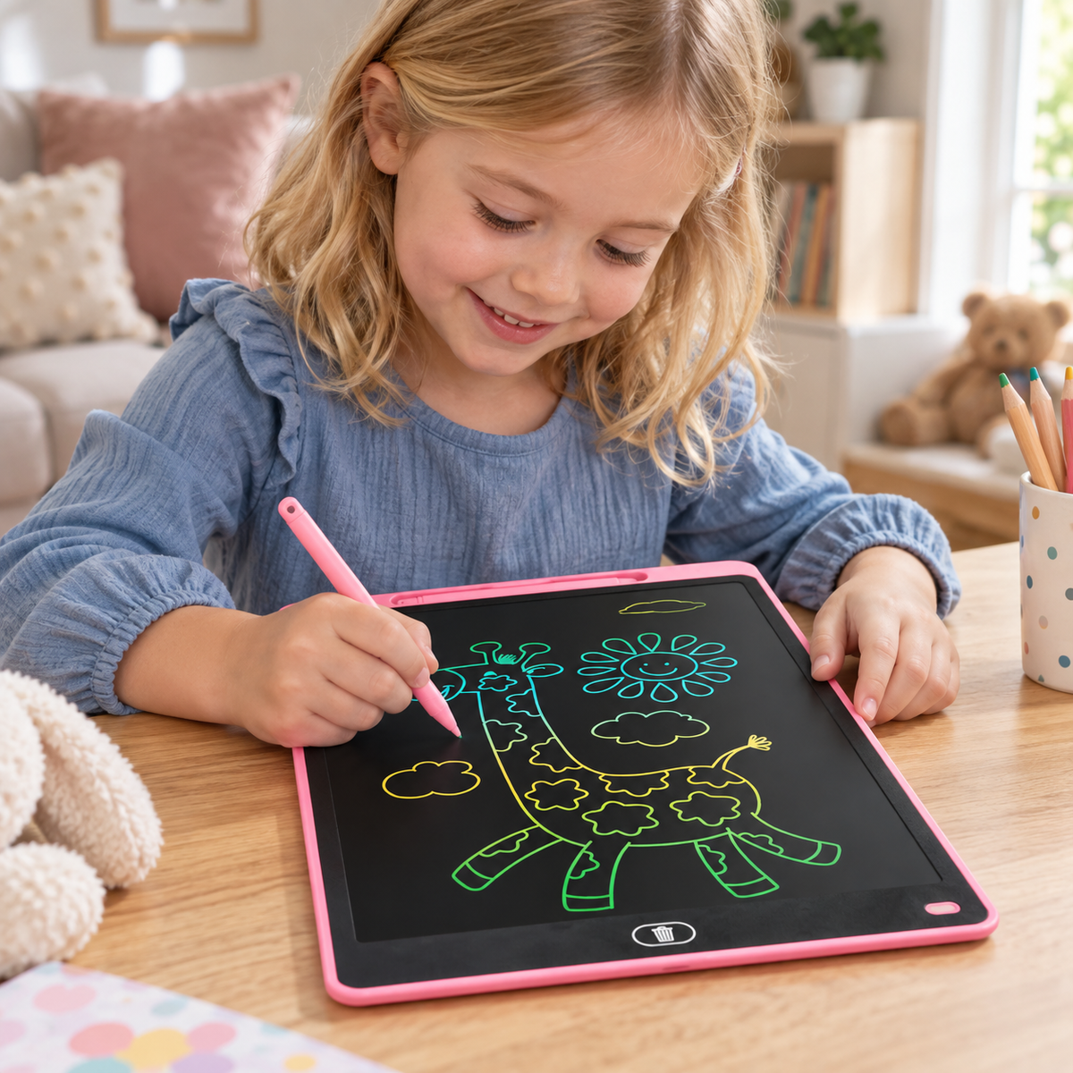 A child using the 16-Inch LCD Writing Tablet and Drawing Board during play