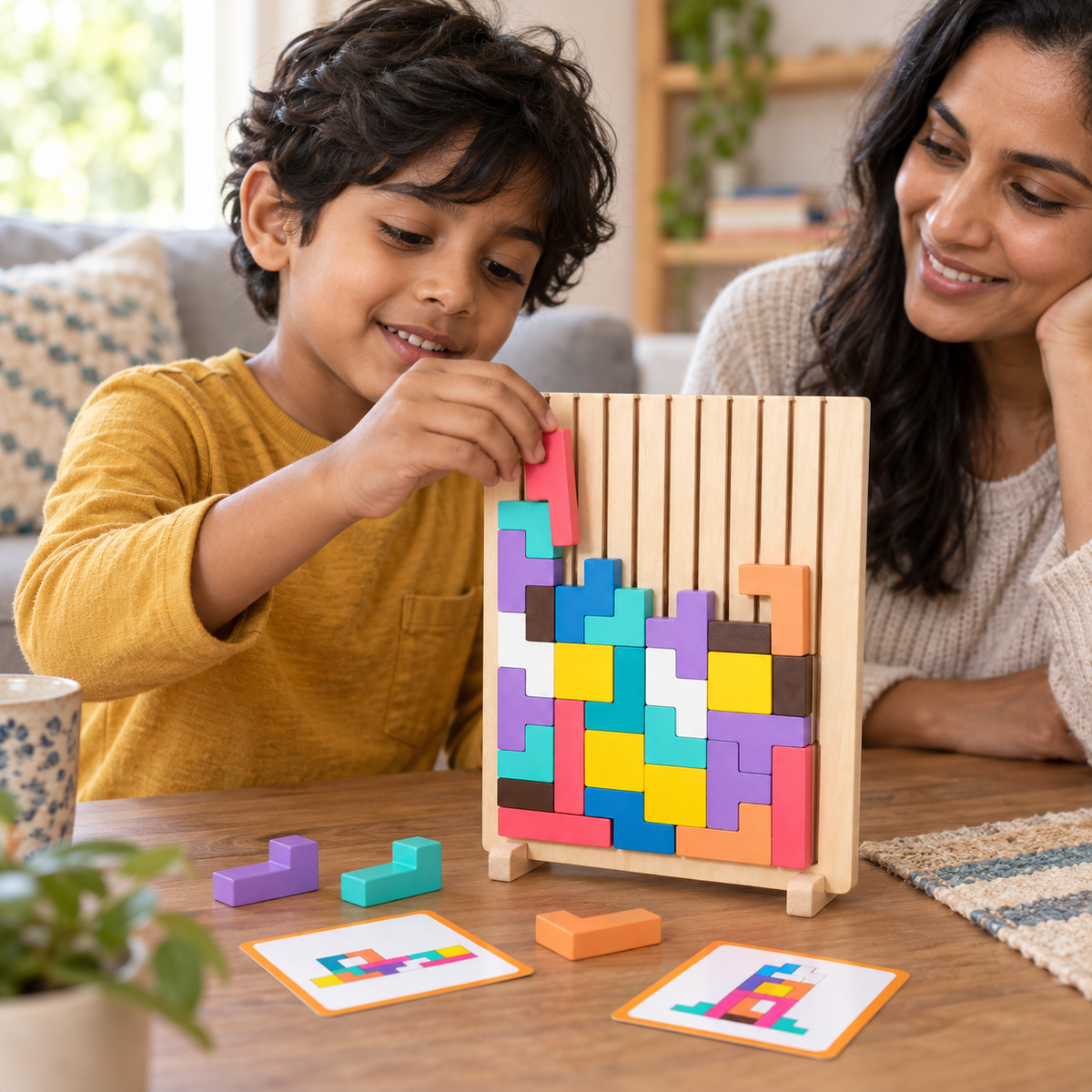 A child using the Wooden Geometric Block Puzzle during play