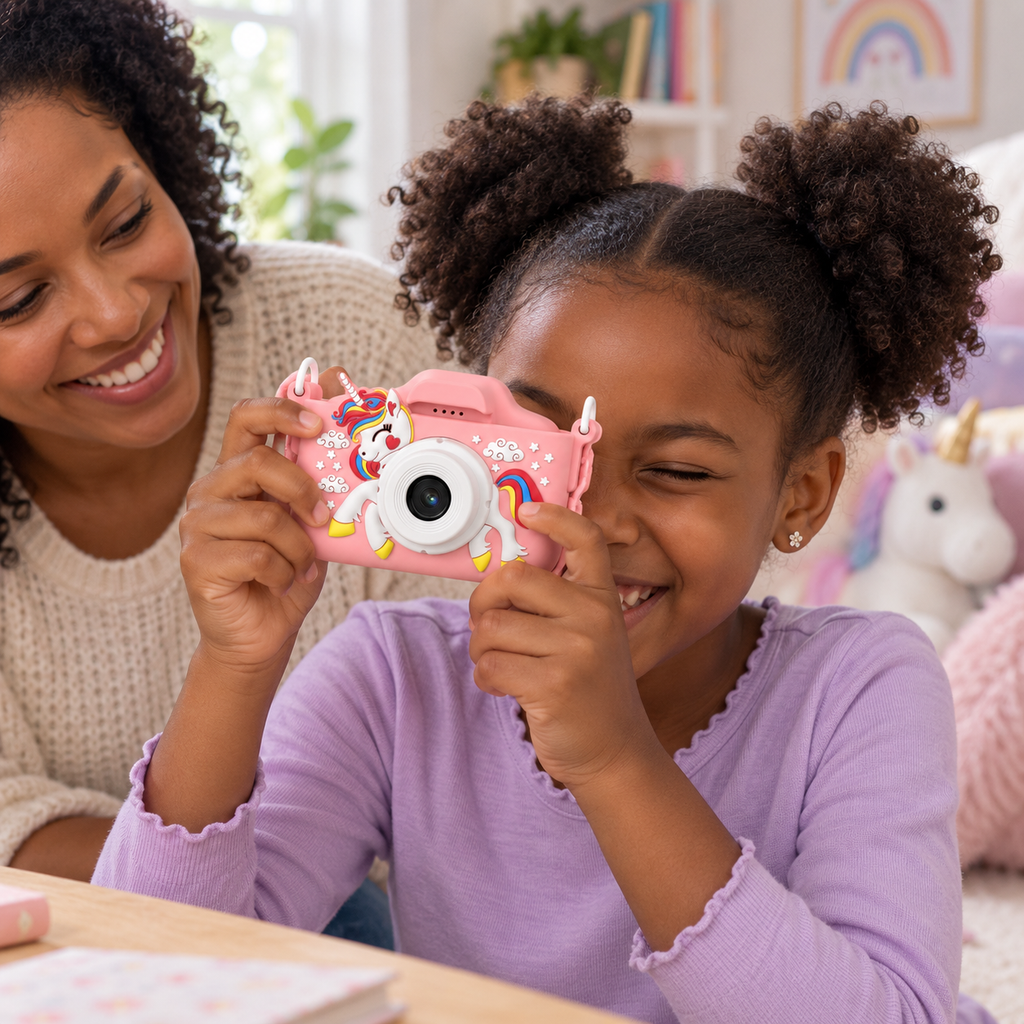 A child using the Kids Digital Camera, Unicorn Design during play
