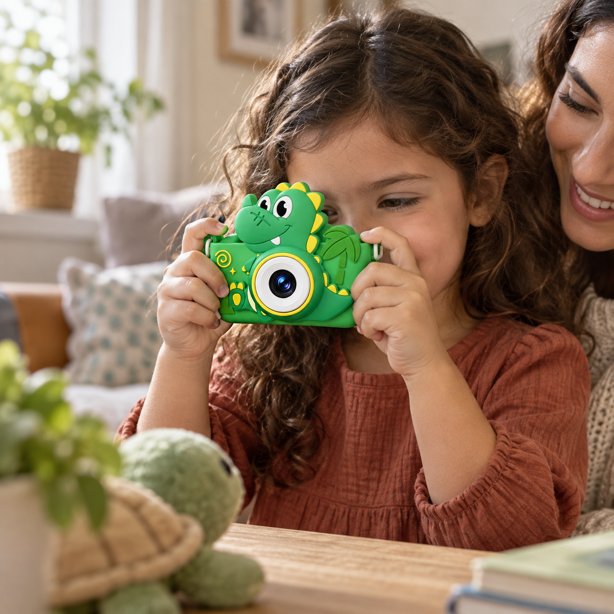 A child using the Kids Digital Camera, Dinosaur Design during play