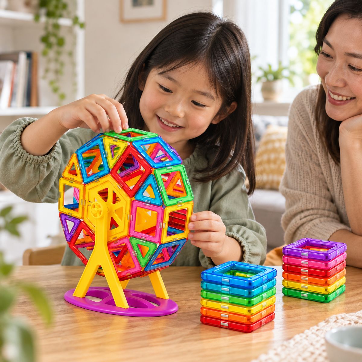 A child using the Rainbow Magnetic Tiles Building Set during play