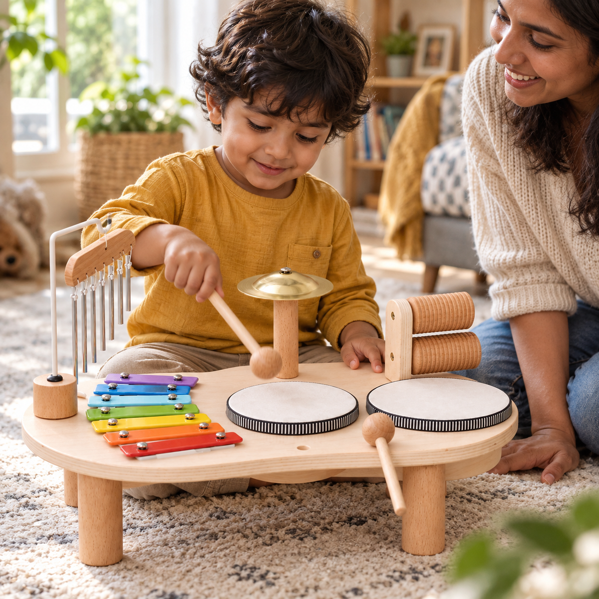 A child using the Wooden Musical Activity Table during play