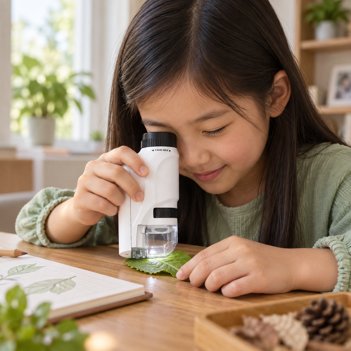A child using the LED Pocket Microscope with Up to 120x Magnification during play