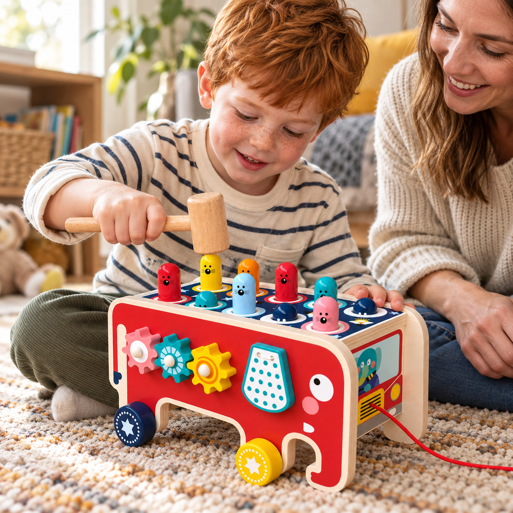 A child using the Wooden Hammering Toy and Activity Bus during play