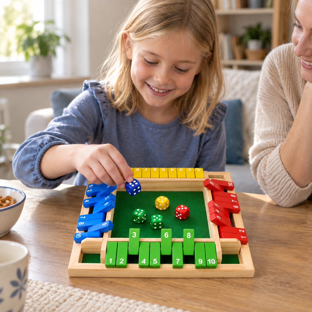 A child using the Wooden Shut the Box Dice Game for 4 Players during play
