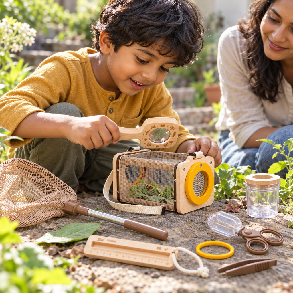A child using the Kids Nature Explorer Kit during play