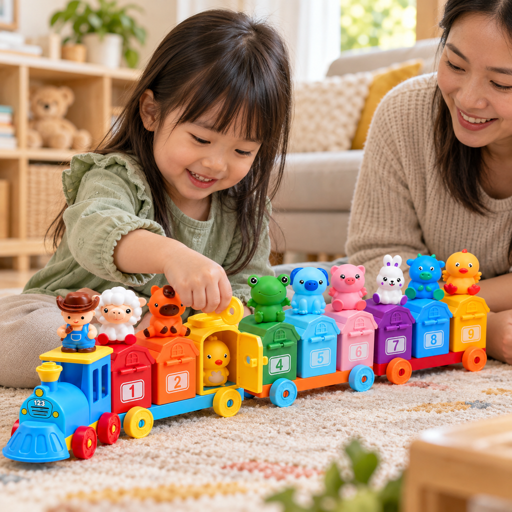 A child using the Farm Train Lock and Key Sorting Toy during play