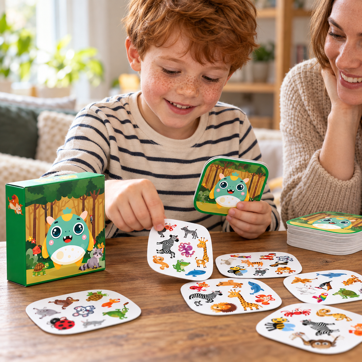 A child using the Animal Matching Card Game, 55 Cards during play