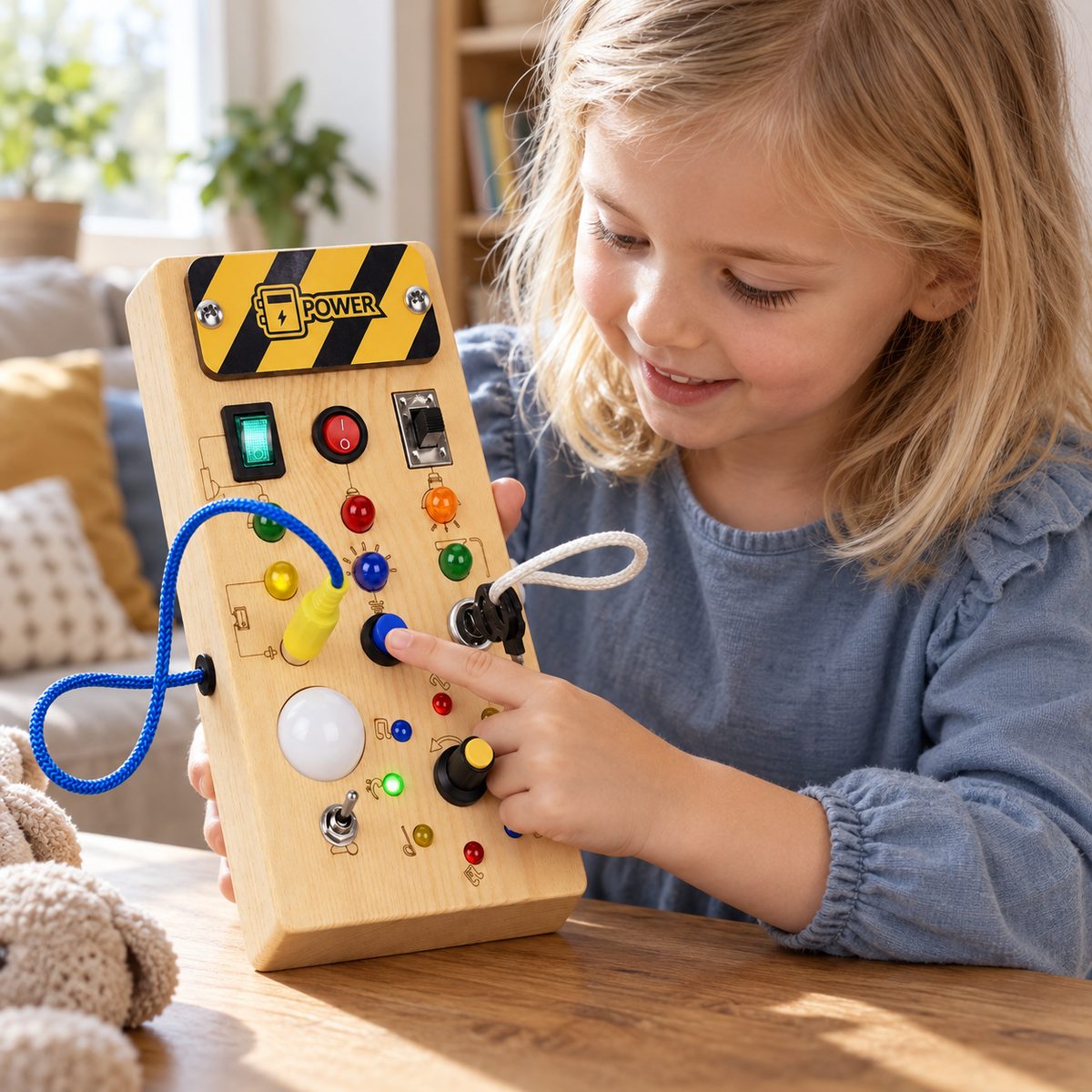A child using the Wooden Busy Board with Lights and Switches during play