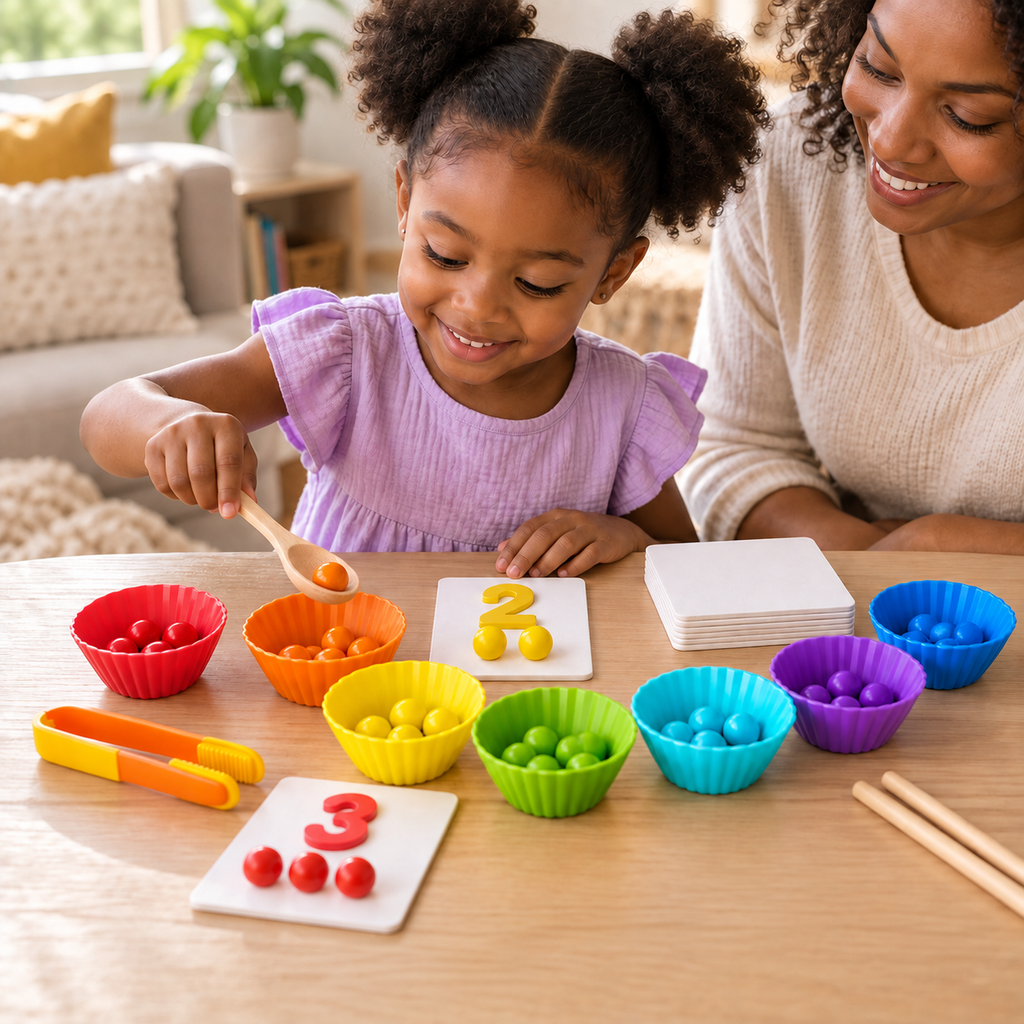 A child using the Wooden Bead Colour Sorting Game with Bowls during play