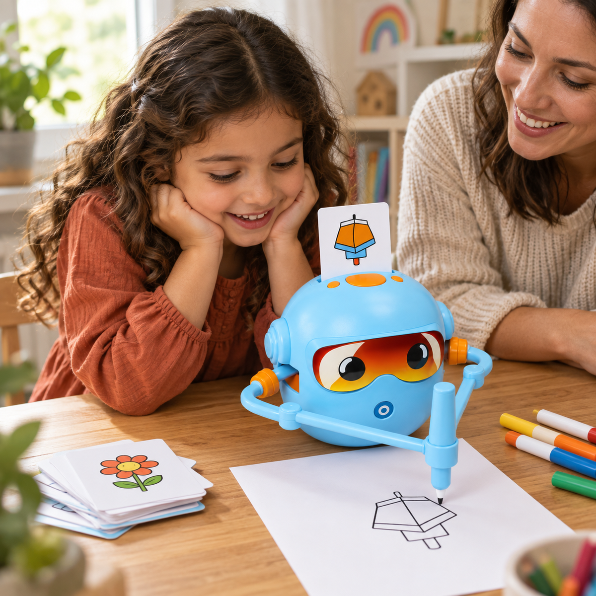 A child using the Kids Drawing Robot with 100 Activity Cards during play
