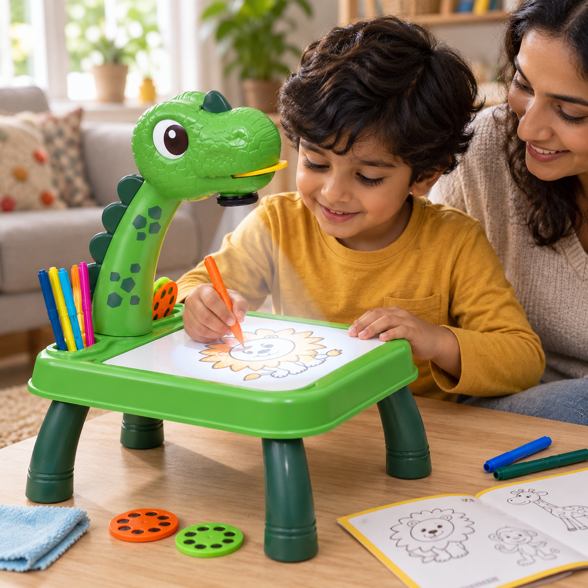 A child using the Dinosaur Drawing Projector Table during play