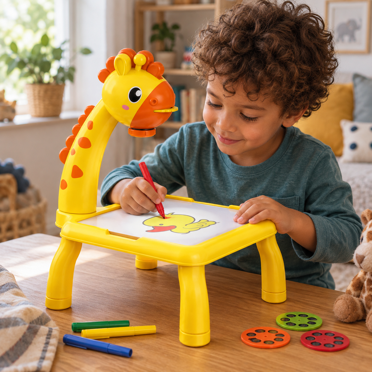 A child using the Giraffe Drawing Projector Table during play