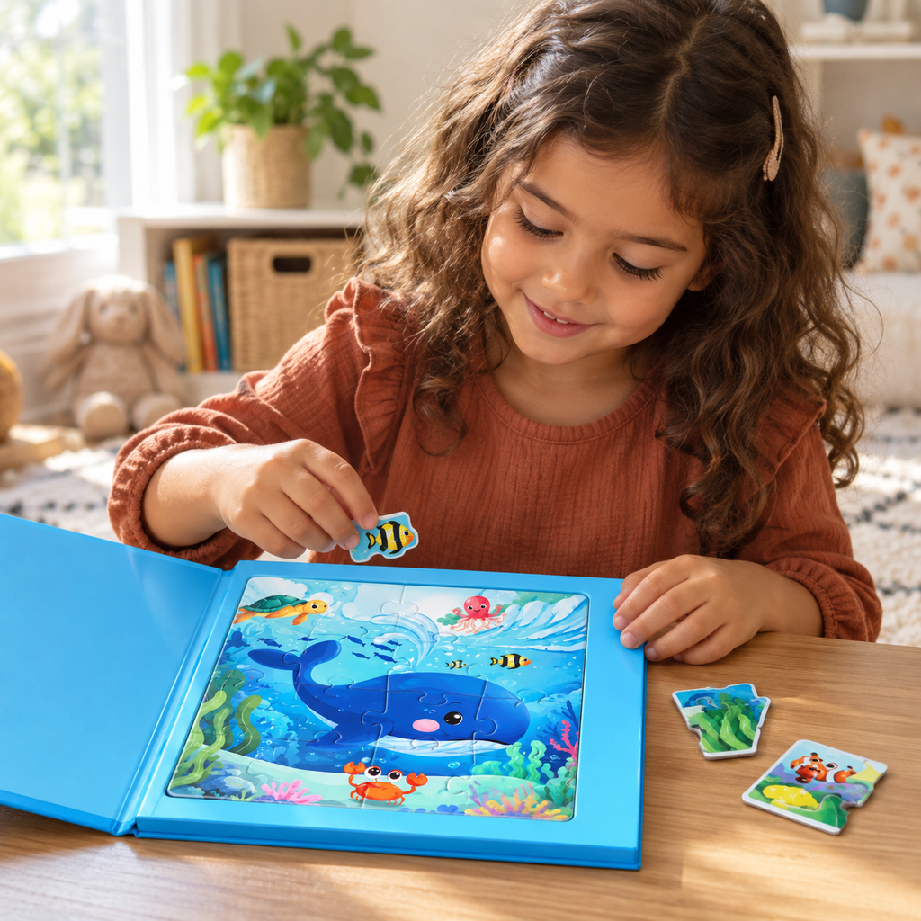 A child using the Magnetic Picture Puzzle Book during play