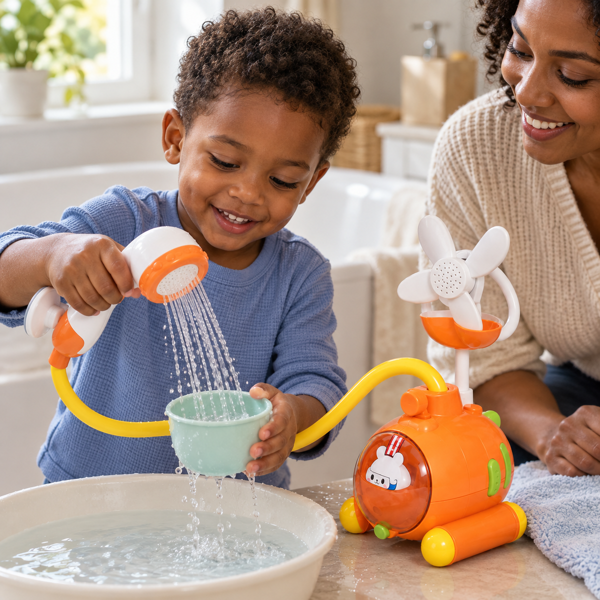 A child using the Carrot Bath Shower Toy with Electric Water Pump during play