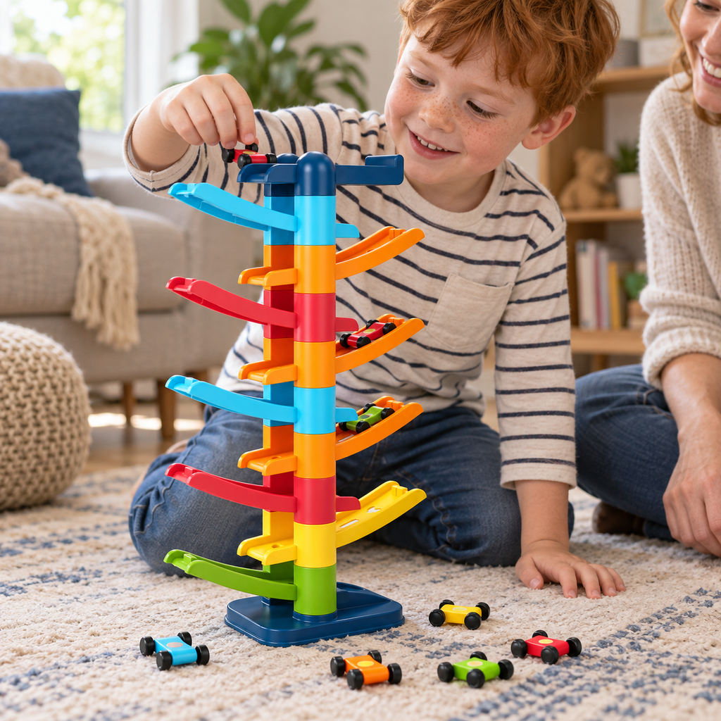 A child using the Car Ramp Track Toy with 12 Mini Cars during play